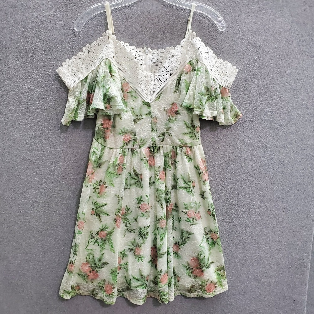 Disney Princess Juniors Dress M Green Floral Mini A-Line Cold Shoulder Crochet